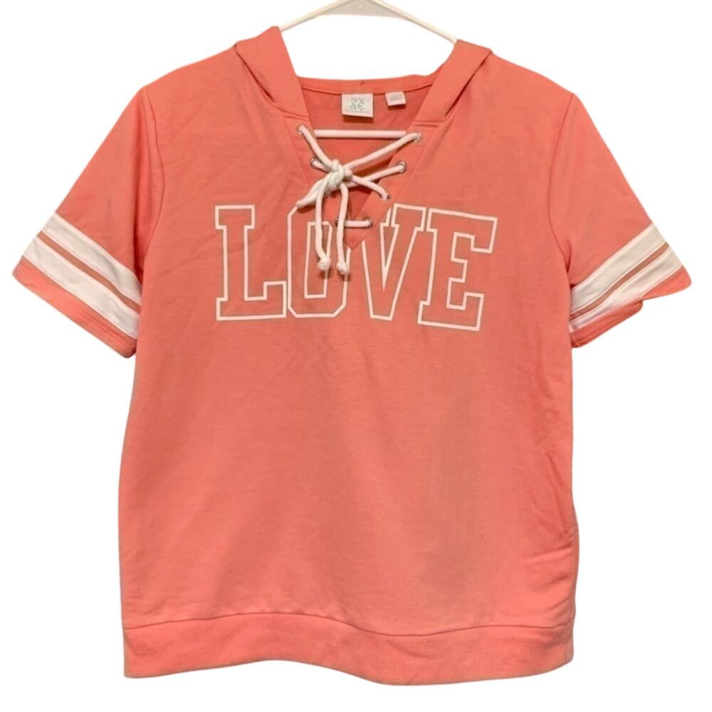 New York & Company Vintage Y2K Raglan Hooded LOVE Shirt Short Sleeve Size Small